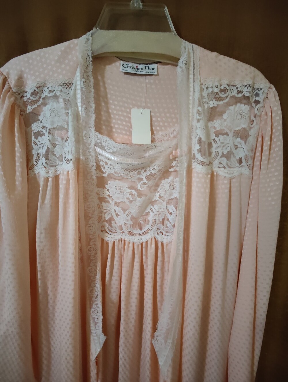 New With Tag Dior Vintage Light Peach Lace-Trim Long Nightgown & Robe Set - Picture 11 of 12